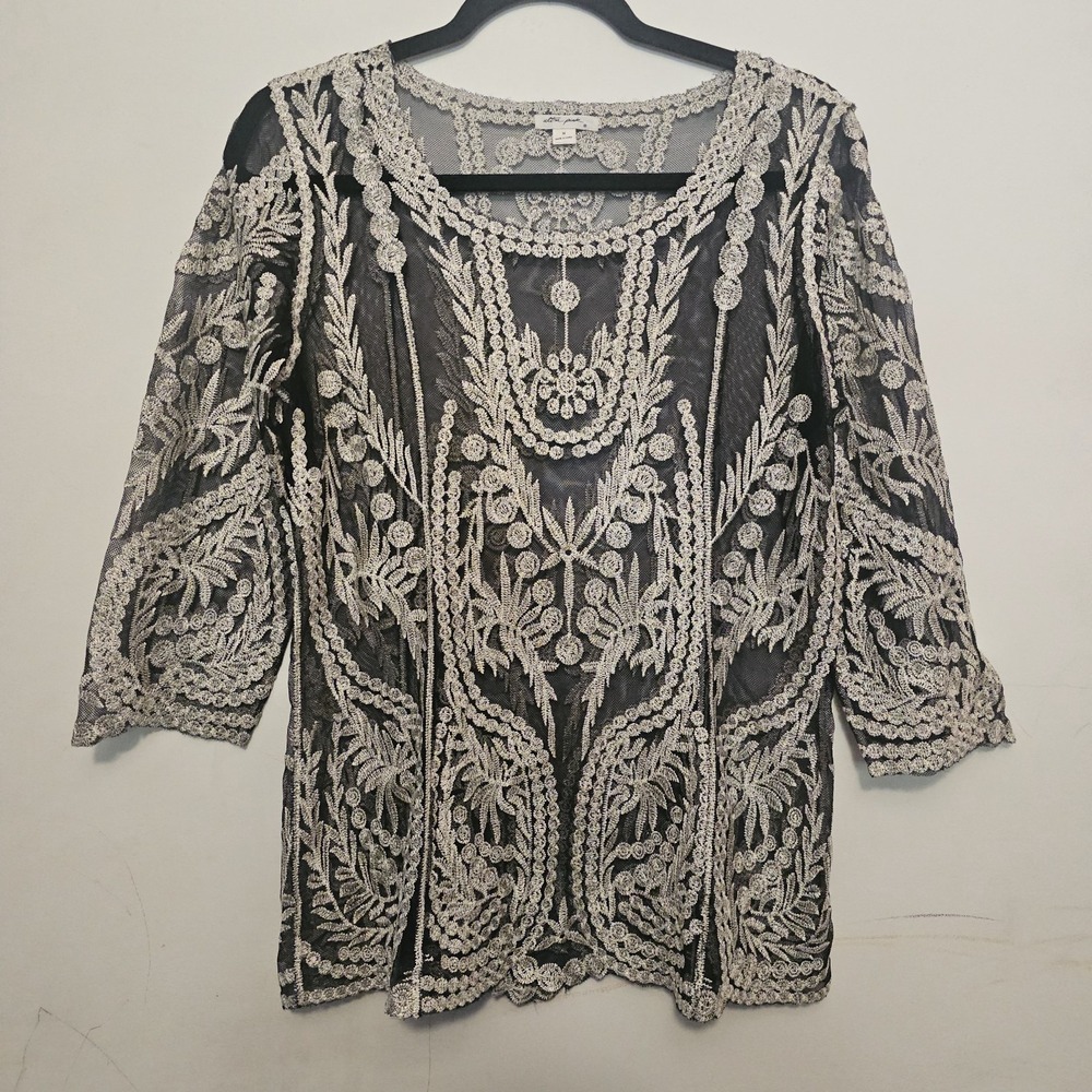 Pinky Top Shirt Blouse Womens Medium Black Beige Embroidered Lace Retro‎ Flowy
